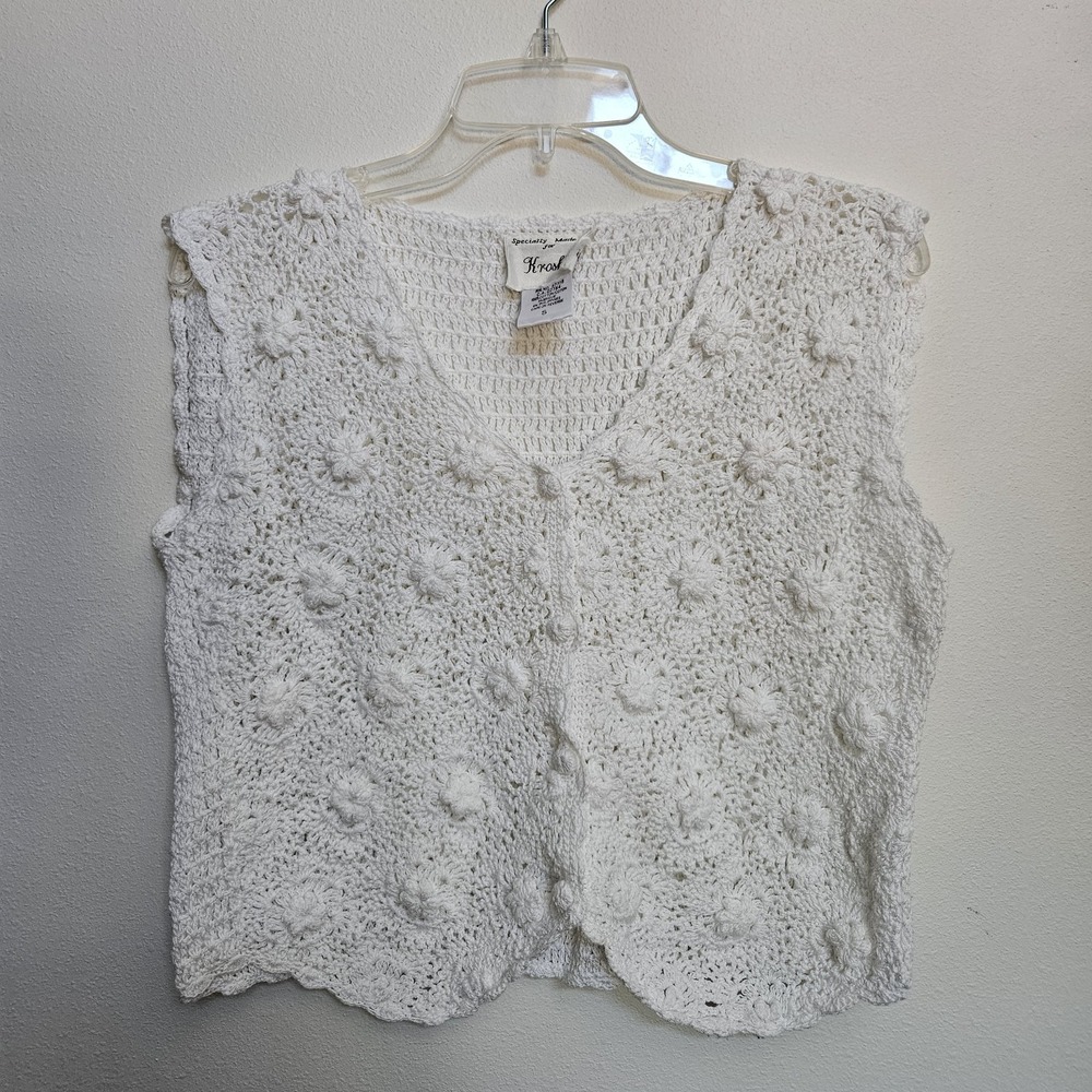Vtg Y2K Kroshetta Crochet Cardigan Sweater Small Cream Boho Vest Button Front